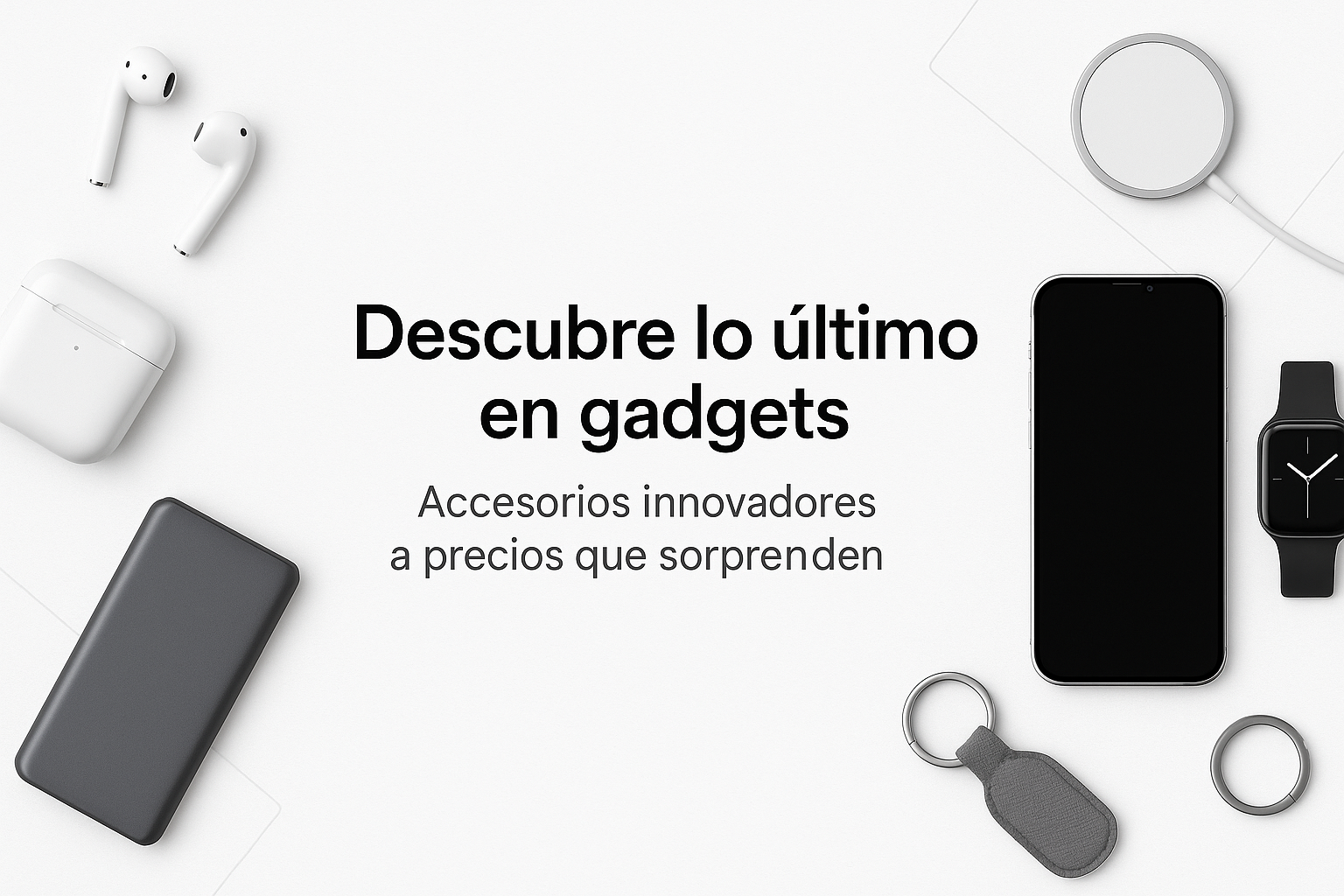 Genera un banner para la categoría Accesorios y gadgets, que tenga el texto en centro y considerando esto
	•	Headline: “Descubre lo último en gadgets”
	•	Subheadline: “Accesorios innovadores a precios que sorprenden”
	•	Estilo: mockups limpios de gadgets (sin personas), con un aire minimalista y ordenado.