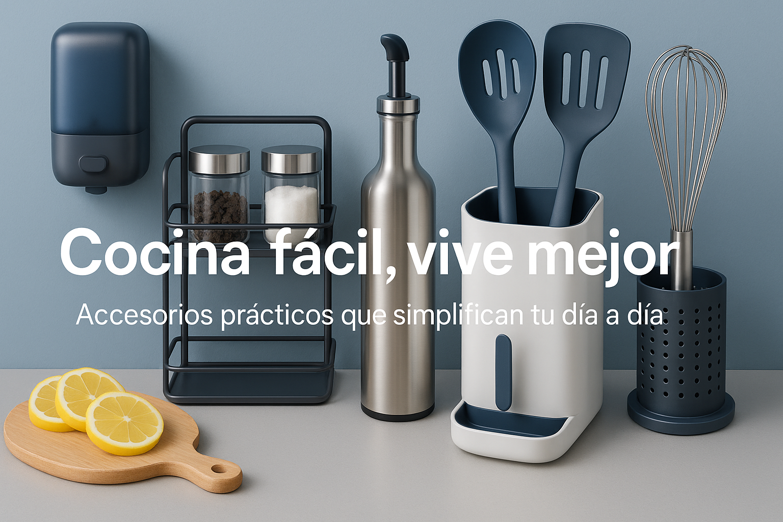Genera un banner para la categoría Hogar y Cocina con los textos al medio y considerando esta info
	•	Imagen: gadgets de cocina (dispensadores, organizadores, utensilios modernos).
	•	Colores: modernos (azules, metálicos, blanco, gris).
	•	Headline: “Cocina fácil, vive mejor”.
	•	Subheadline: “Accesorios prácticos que simplifican tu día a día”.