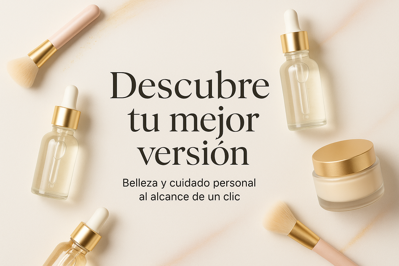 Genera una imagen con esta info, que tenga el texto en el medio y 
	•	Fondo claro (blanco o pastel) con un toque dorado o rosado.
	•	Imagen mockup de un producto destacado (ej. sérum, crema, brochas) con sombras suaves.
	•	Texto: “Descubre tu mejor versión”.
	•	Subtexto: “Belleza y cuidado personal al alcance de un clic”.
