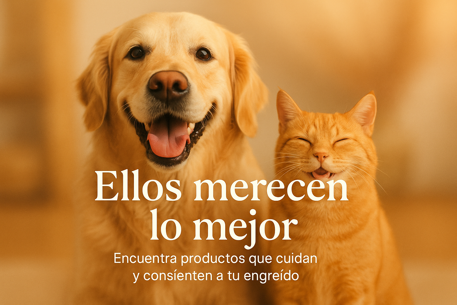 Genera una imagen para la categoría con el texto en el medio y considerando esto
	1.	Tierno & emocional
	•	Imagen: perro o gato feliz (o ambos).
	•	Colores: tonos cálidos (beige, naranja suave, marrón claro).
	•	Headline: “Ellos merecen lo mejor”.
	•	Subheadline: “Encuentra productos que cuidan y consienten a tu engreído”.