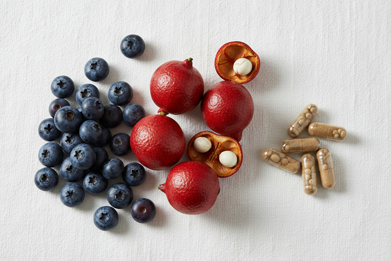 Guarana y blueberries flat lay