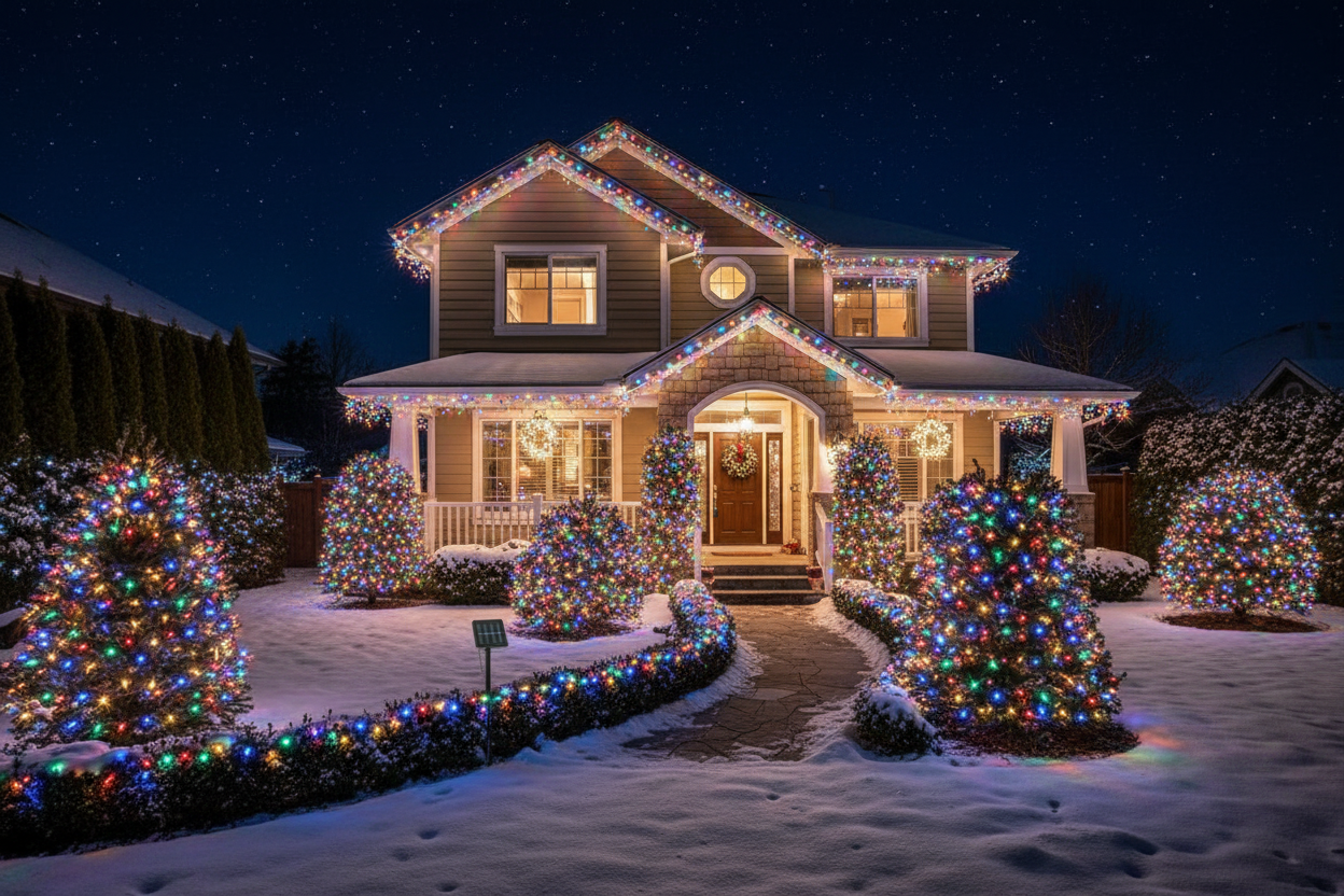 Luces navideñas fachada nocturna