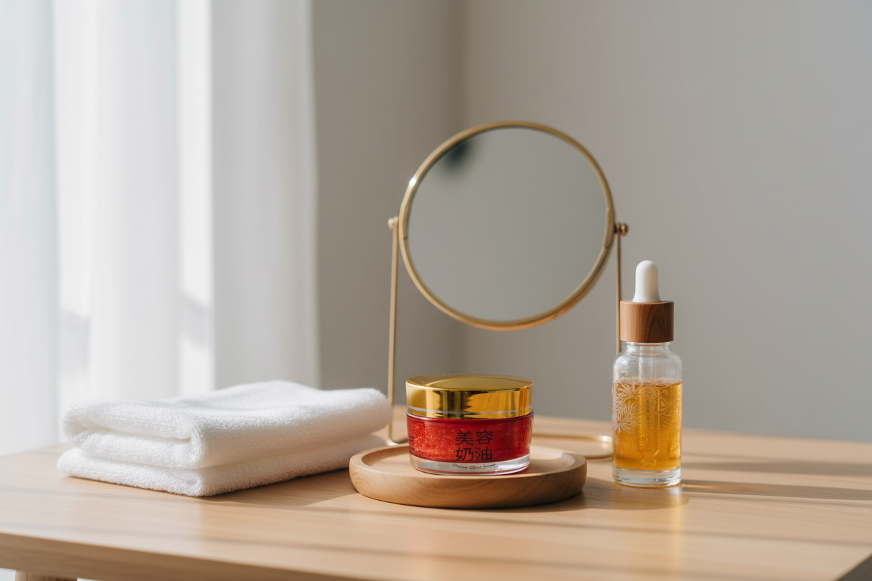 Mesa con rutina skincare