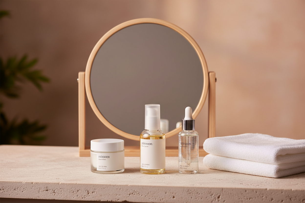 Mesa con rutina skincare