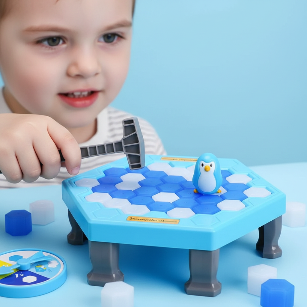 Niño golpeando bloque de hielo