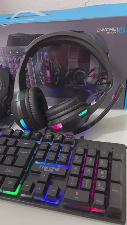 Combo Gamer Enkore Bravio 4 en 1: Teclado + Mouse + Audífonos + Pad