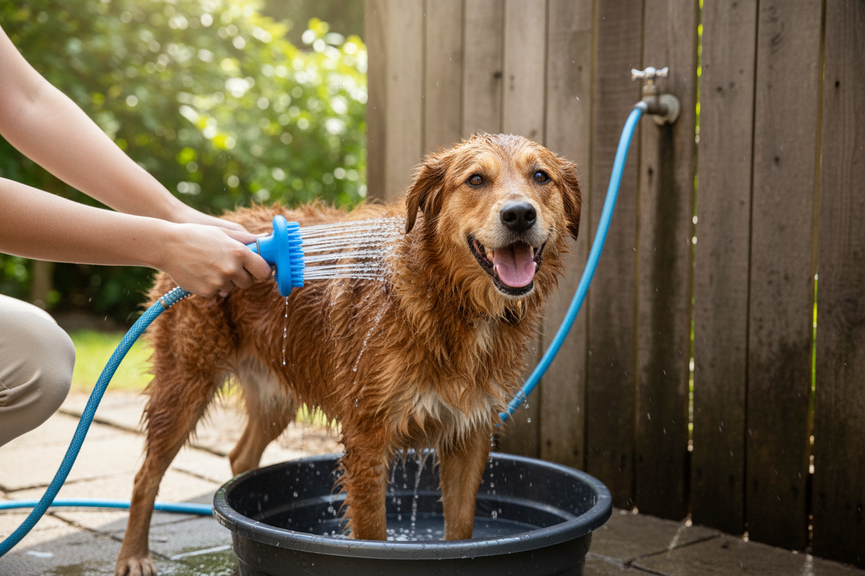 Producto en uso bañando perro