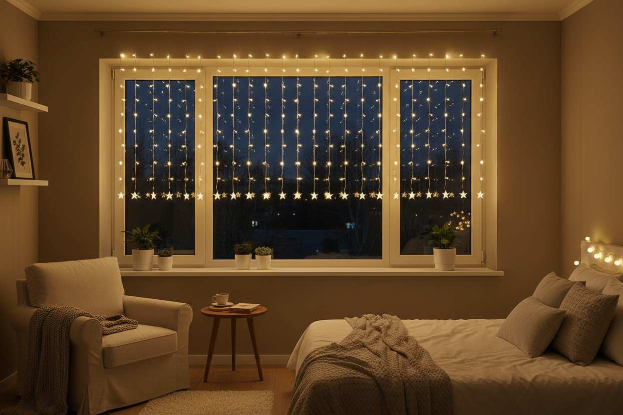 Solar LED Curtain en dormitorio